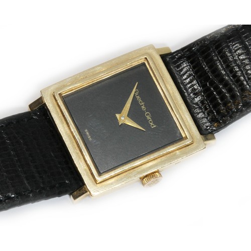 85 - BEUCHE-GIROD: a 9ct gold manual wind dress watch, black dial, case length 26mm (excluding lugs), Hir... 