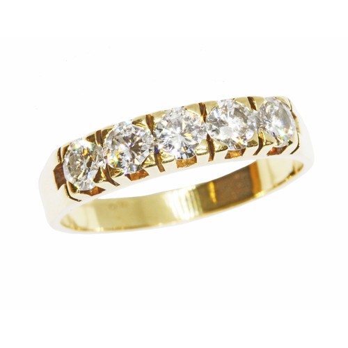 118 - A five stone diamond ring, the round brilliant cut stones weighing approximately 1ct in total, yello... 