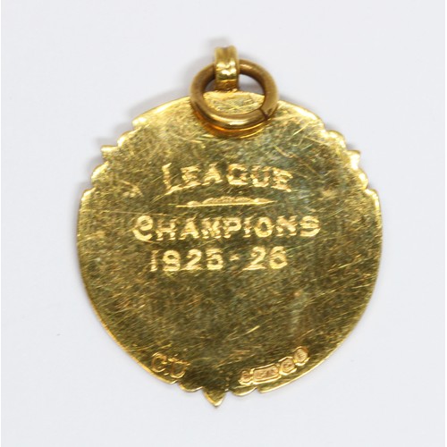 120 - A 9ct gold and enamel Preston & District Thursday Football League League Champions 1925-26 medal, ha... 