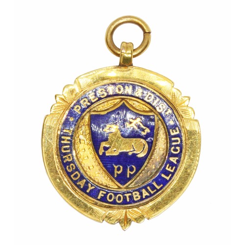 120 - A 9ct gold and enamel Preston & District Thursday Football League League Champions 1925-26 medal, ha... 