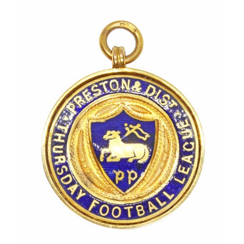 119 - A 9ct gold and enamel Preston & District Thursday Football League Parker Cup Winners 1926 medal, hal... 