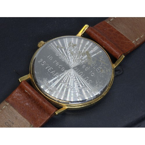 99 - A gent's gold plated Longines quartz wristwatch, case diameter 34mm, with box and papers.