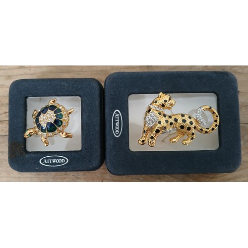 134 - Two Attwood costume brooches: one modelled as a turtle and the other a leopard.