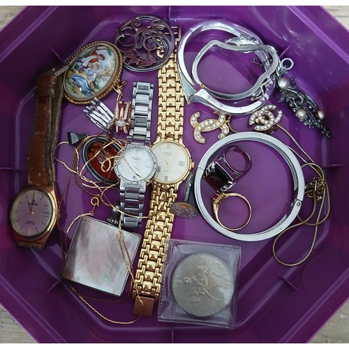 150 - A box of assorted costume jewellery and watches including silver, amber, gold plate etc.