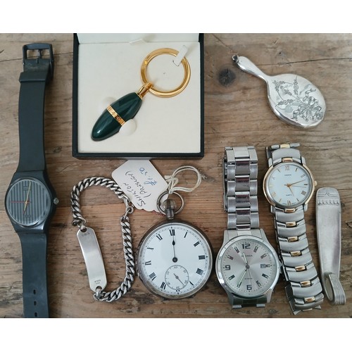 155 - A mixed lot comprising a silver pocket watch, a silver identity bracelet, a Swatch watch, two other ... 