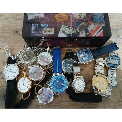 148 - A box of assorted modern pocket watches and wristwatches.