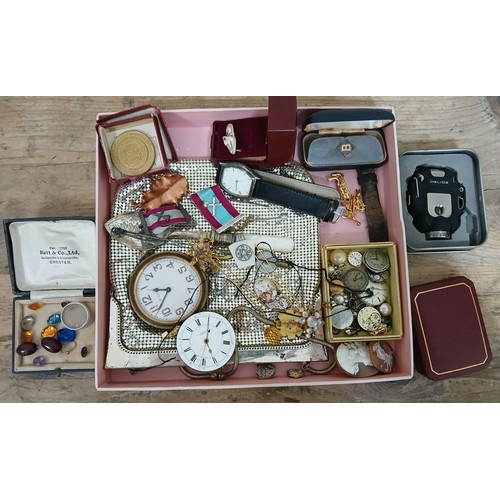 162 - A box of assorted including coloured stones/paste, melee diamonds, watch movements, coins etc.