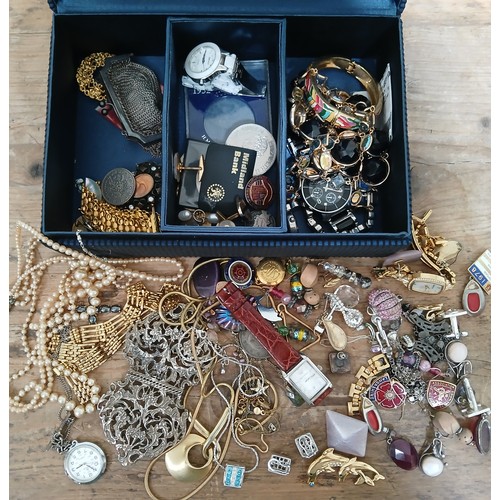 161 - A box of assorted costume jewellery including white and yellow metal, watches etc.