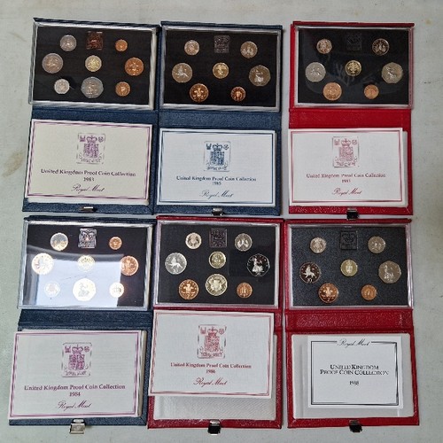 277 - A group of six Royal Mint annual United Kingdom Proof Coin Collections, 1983 to 1988, in presentatio... 