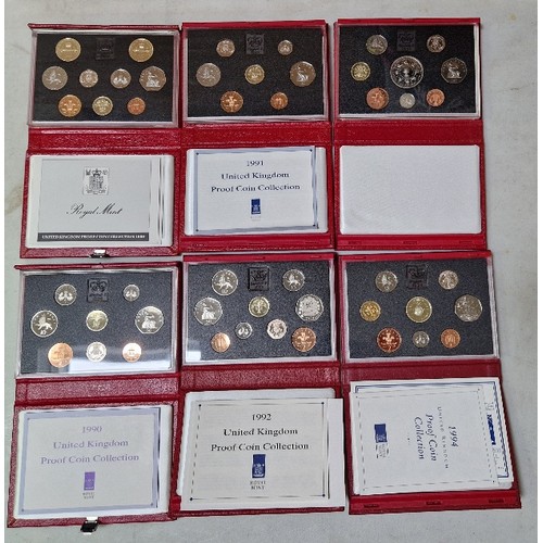 278 - A group of six Royal Mint annual United Kingdom Proof Coin Collections, 1989 to 1994, in presentatio... 