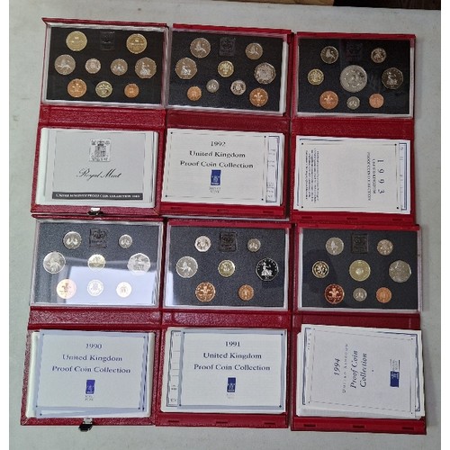 279 - A group of six Royal Mint annual United Kingdom Proof Coin Collections, 1989 to 1994, in presentatio... 