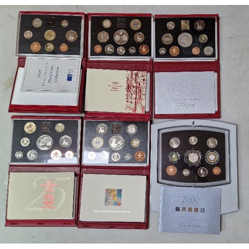 280 - A group of six Royal Mint annual United Kingdom Proof Coin Collections, 1995 to 2000, in presentatio... 