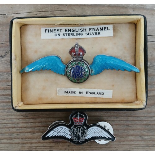 172 - An RAF enamel winged brooch marked 'Sterling Silver', boxed with another.