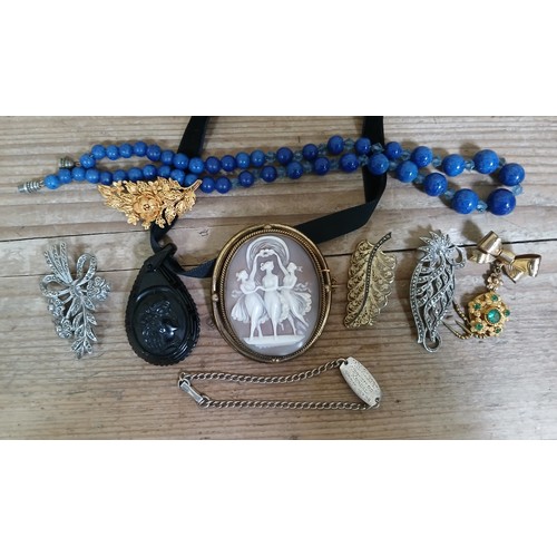 229 - A mixed lot of jewellery including a Victorian jet pendant, a cameo brooch, blue beads, costume broo... 