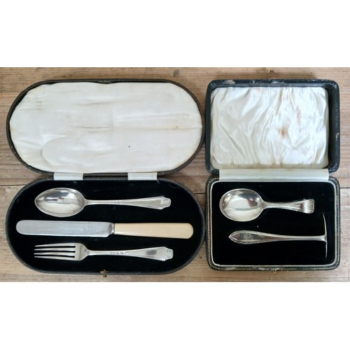 212 - Cased hallmarked silver comprising a spoon and pusher set and a Christening set.