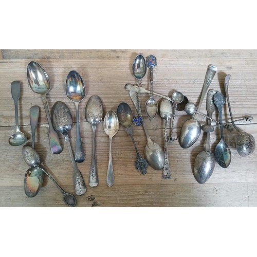 203 - A quantity of mainly hallmarked silver spoons and a few other white metal souvenir spoons, gross wei... 