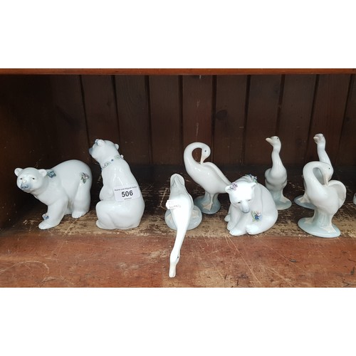 506 - Lladro - 3 polar bears with flowers and 5 goose figurines