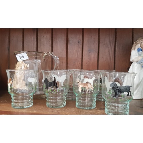 520 - Jug and six glasses painted with dogs