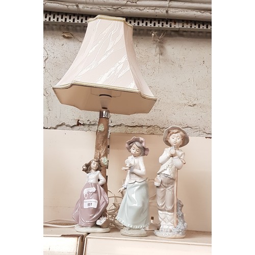 551 - Nao table lamp with shade (overall height 54cm) together with 2 Nao figurines ‘Shepherd with Sparrow... 