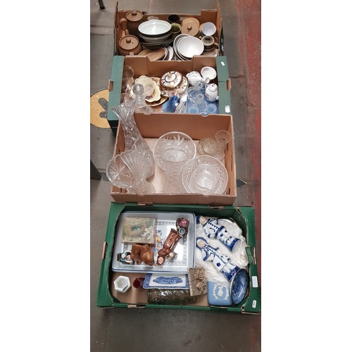 548 - Three boxes of ceramics and a box of glass. Includes Denby, Paragon, Aynsley, Royal Worcester, figur... 