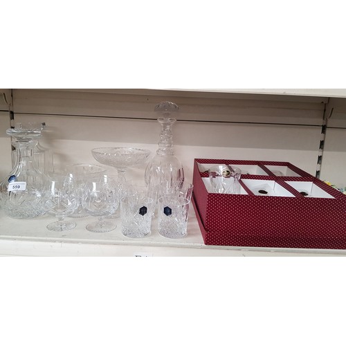 559 - Lead crystal - Stuart Crystal decanter, a pair of tumblers and 2 comports.  A boxed set of 6 Lye, St... 