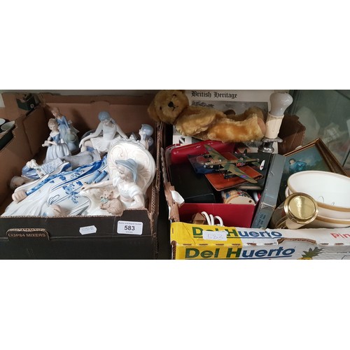 583 - Two boxes of figures and misc items including figurines, camera, desk lamp, blue jasper ware etc