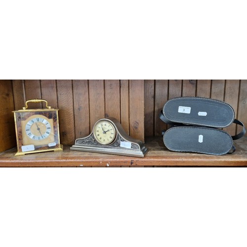 3 - 2 pairs of binoculars - Miranda 10x50 and Commodore 10x50, together with 2 mantle clocks