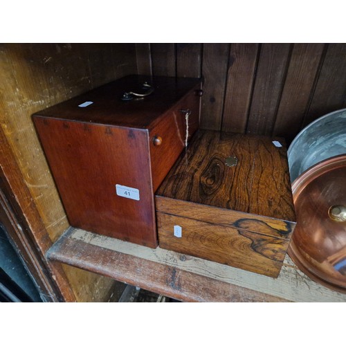 41 - A 19th century rosewood sewing box together with an early 20th century mahogany cabinet having drop ... 