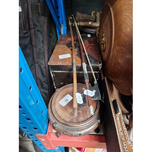 76 - A mixed lot comprising warming pan, copper curtain rails, two violin bow, tea caddy, Chinese carved ... 