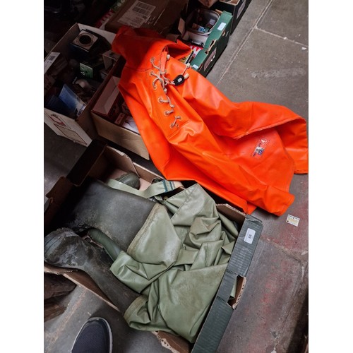 66 - A box containing a pair of waders, and a hi vis jacket