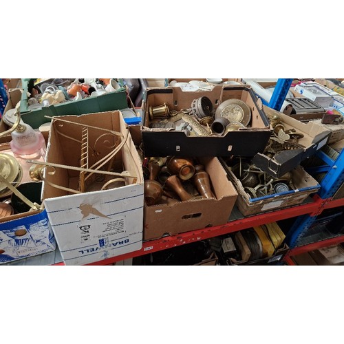 104 - Six boxes of assorted copper and brass including vintage brass light fitting with glass shades, etc.