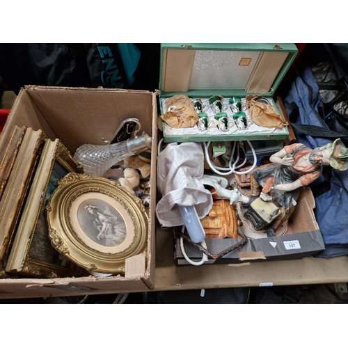 107 - A box of collectables including costume jewellery, pottery including cow creamer, Capodimonte figure... 