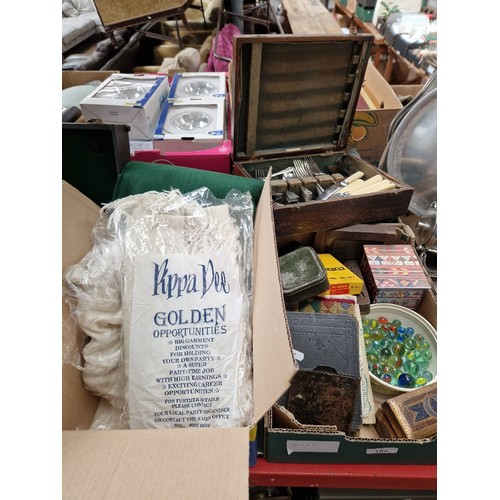 102 - A canteen of cutlery, box of miscellaneous including marbles,  treen, photographic plates, a wedding... 