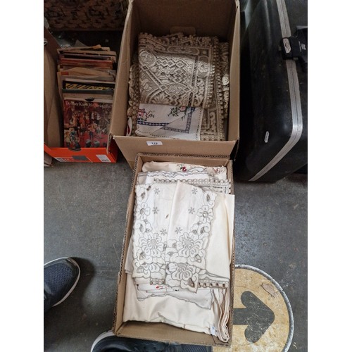 112 - 2 boxes of linen, crochet work etc