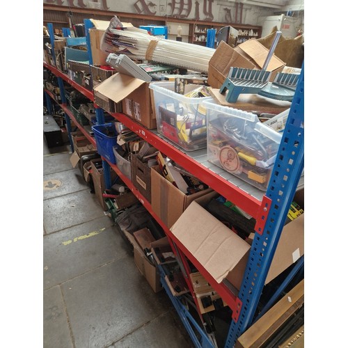 100 - 3 shelves of electrical and hand tools and garage items, coving, 2 workbenches, decorating materials... 