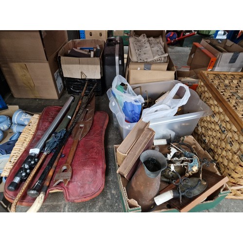 128 - Two boxes of various items and a basket of silver plated cutlery .