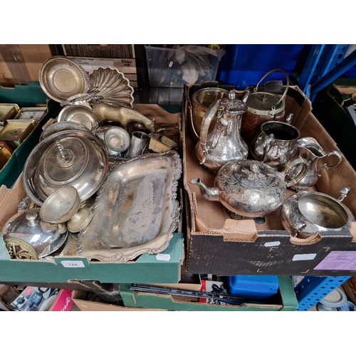 124 - 2 boxes of metalware - mainly silver plate, also including some brass ware