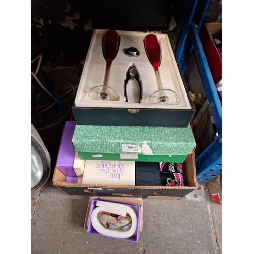 165 - A box of assorted ceramics & glass to include Raine shoes, Grafton tea set, boxed Eamon glasses & a ... 