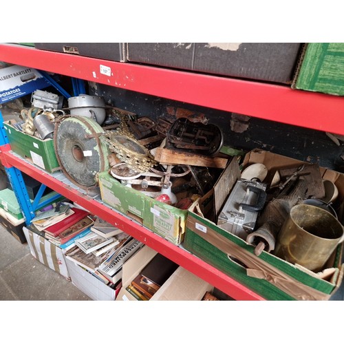 158 - 4 boxes of miscellaneous items, mainly metalware, kitchen scales and weights