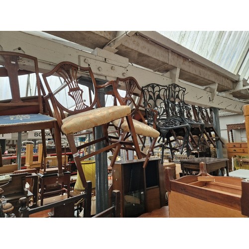 999 - A pair of Sheraton style mahogany carver chairs together with a pair of metal garden chairs.