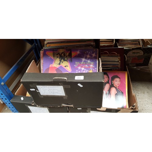 203 - Three boxes of vinyl LP records including The New Sound of Motown, 10 CC, ABBA, SWV, Little Richard,... 