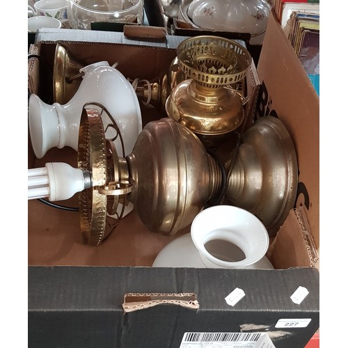 227 - 3 brass electric lamps, together with 2 shades