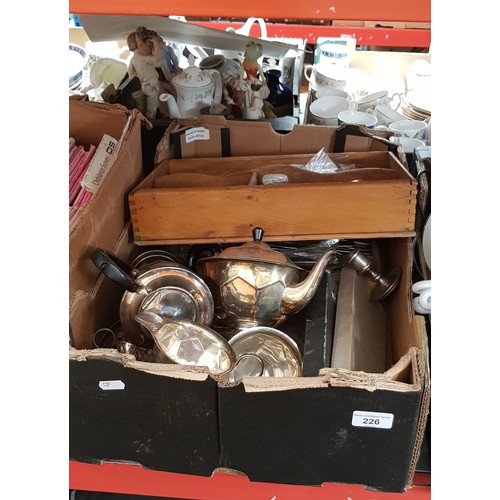 226 - A box of plated ware with a box of cutlery and 2 cutlery trays