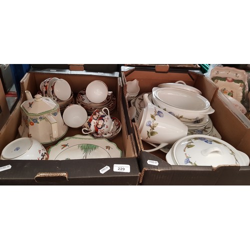 229 - Two boxes of ceramics including Wedgwood 'Blue Delphi' dinnerwares, Tuscan china part tea service an... 