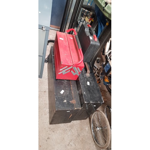 356 - Two vintage joiners tool boxes with assorted tools, a red metal toolbox with tools & a battery drill... 