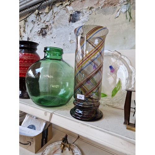 379 - Green glass carboy with Viresa on rim, large glass charger with tulip design, and tall glass vase wi... 