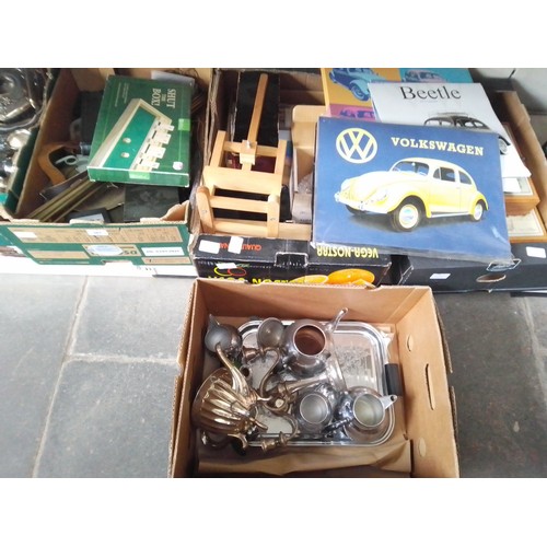 381 - Four boxes of mixed items to include metalware - stair rods, plated tray, cash box etc, mini easel, ... 