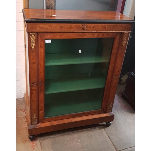 1015 - A pair of Victorian inlaid and gilt mounted walnut pier cabinets, height 106cm, width 79cm and depth... 