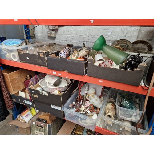 73 - 9 boxes of assorted pottery, glass, stoneware, sewing machine, treen, table lamp, binoculars etc