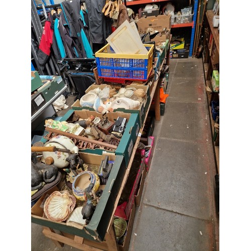 65 - 2 table tops  (11 boxes) and five boxes underneath containing miscellaneous items including brass ja... 